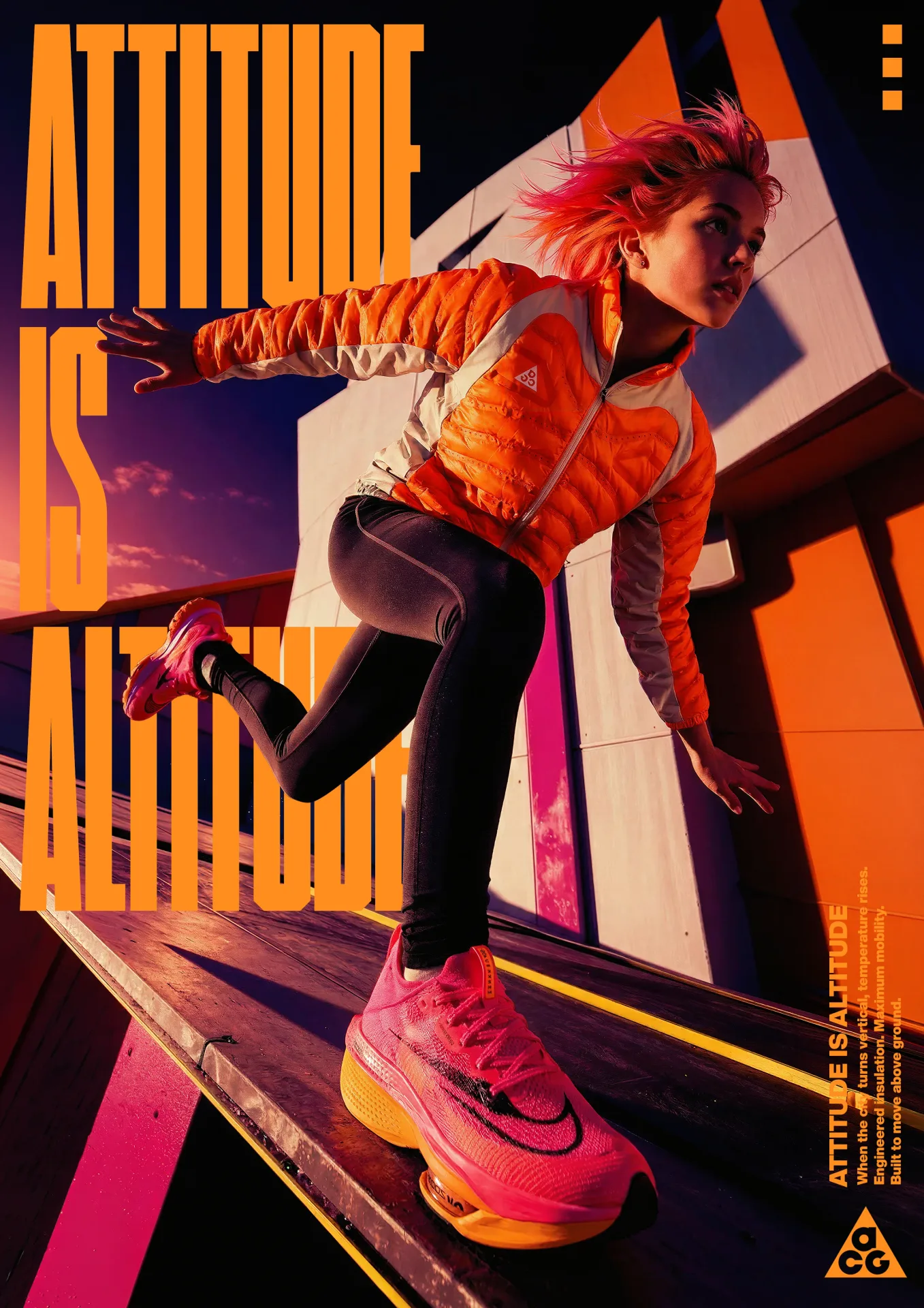 acg attitude is altitude female runner orange jacket black leggings pink — SILICAVISION