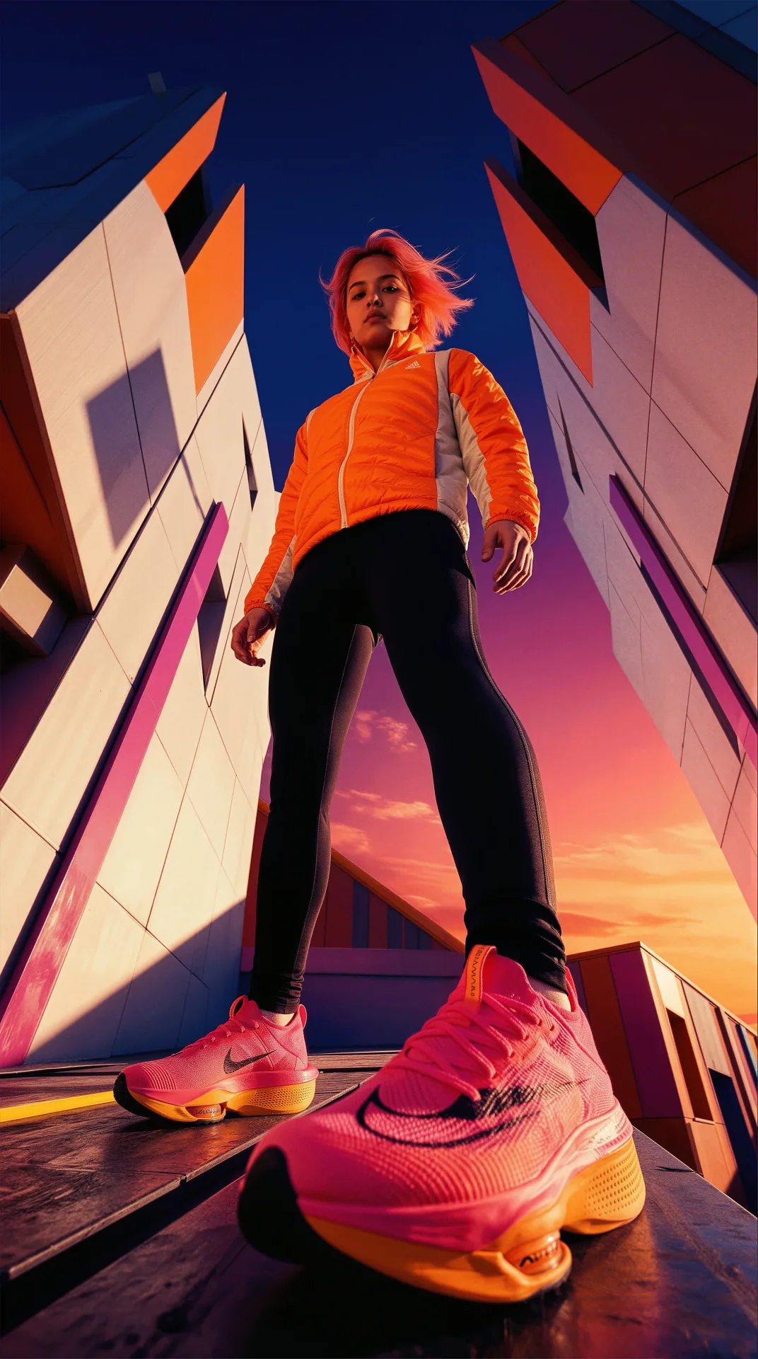 acg attitude is altitude pink hair neon orange jacket black leggings street — SILICAVISION