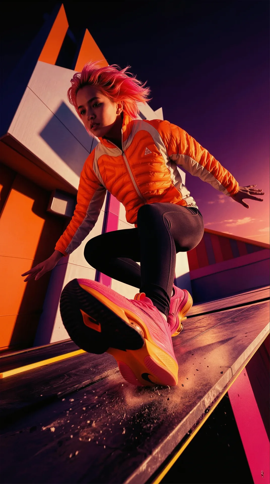 acg attitude is altitude pink hair orange jacket black leggings sneakers urban — SILICAVISION