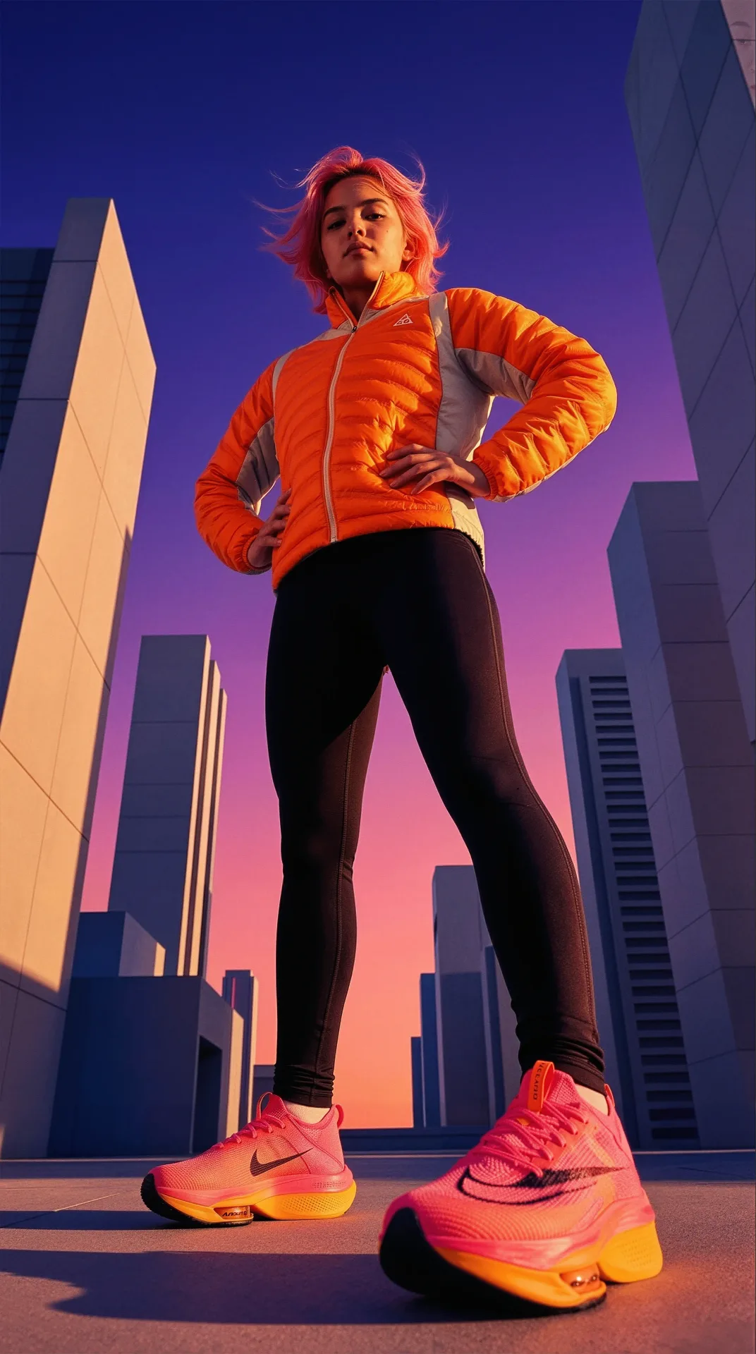 acg attitude is altitude pink hair orange jacket black leggings sneakers urban — SILICAVISION