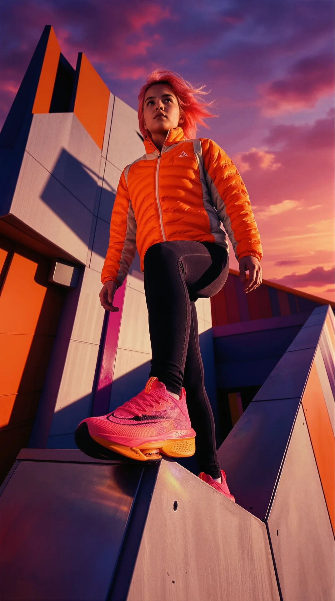 acg attitude is altitude pink hair orange jacket black leggings sneakers urban — SILICAVISION