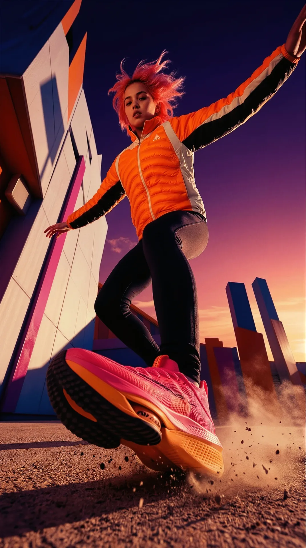 acg attitude is altitude pink hair orange jacket black leggings sneakers — SILICAVISION