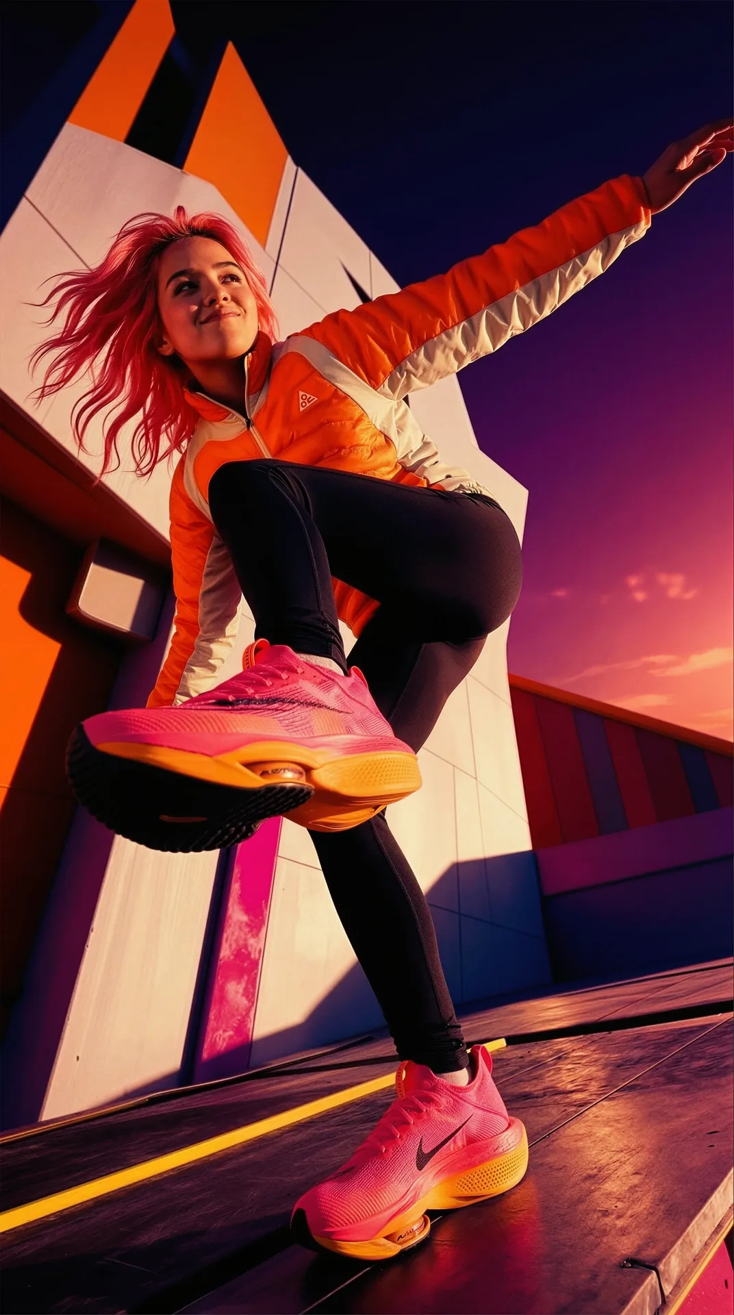 acg attitude is altitude pink haired girl orange jacket black leggings sporty — SILICAVISION