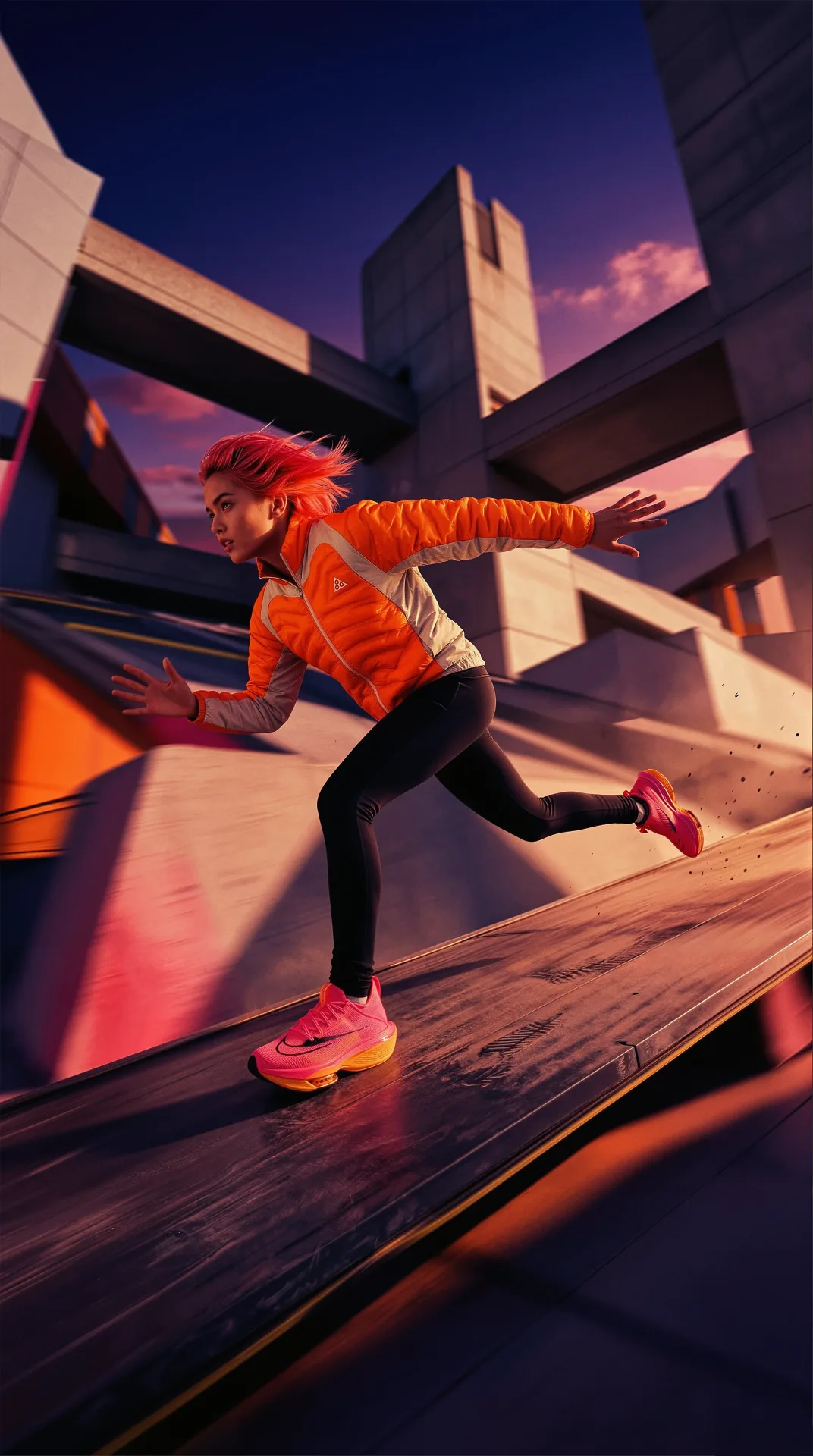 acg attitude is altitude pink haired runner orange jacket black leggings — SILICAVISION
