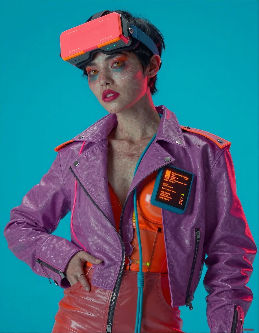 persona character design cyberpunk woman purple jacket neon futuristic vibrant — SILICAVISION
