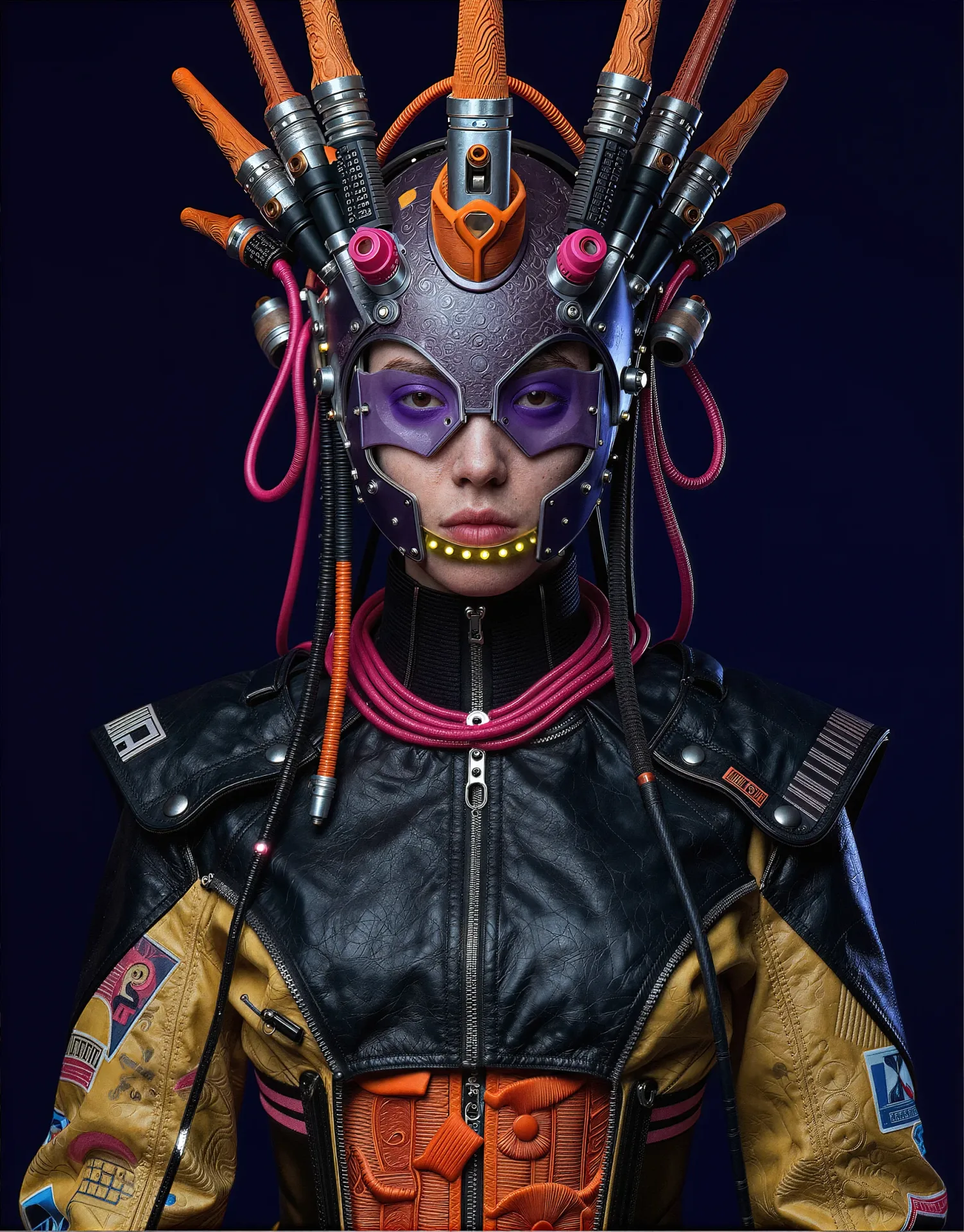 persona character design cyborg futuristic leather jacket cyberpunk purple — SILICAVISION