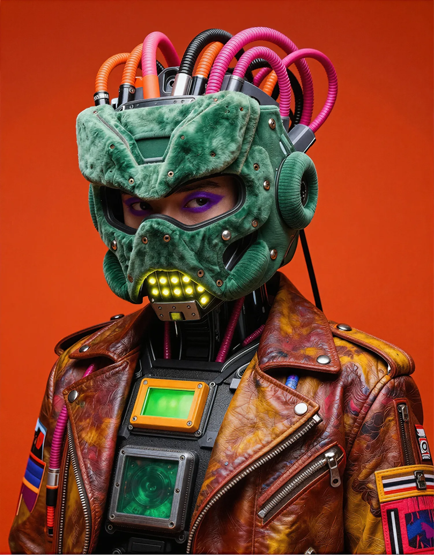 persona character design cyborg futuristic leather jacket green cyberpunk — SILICAVISION