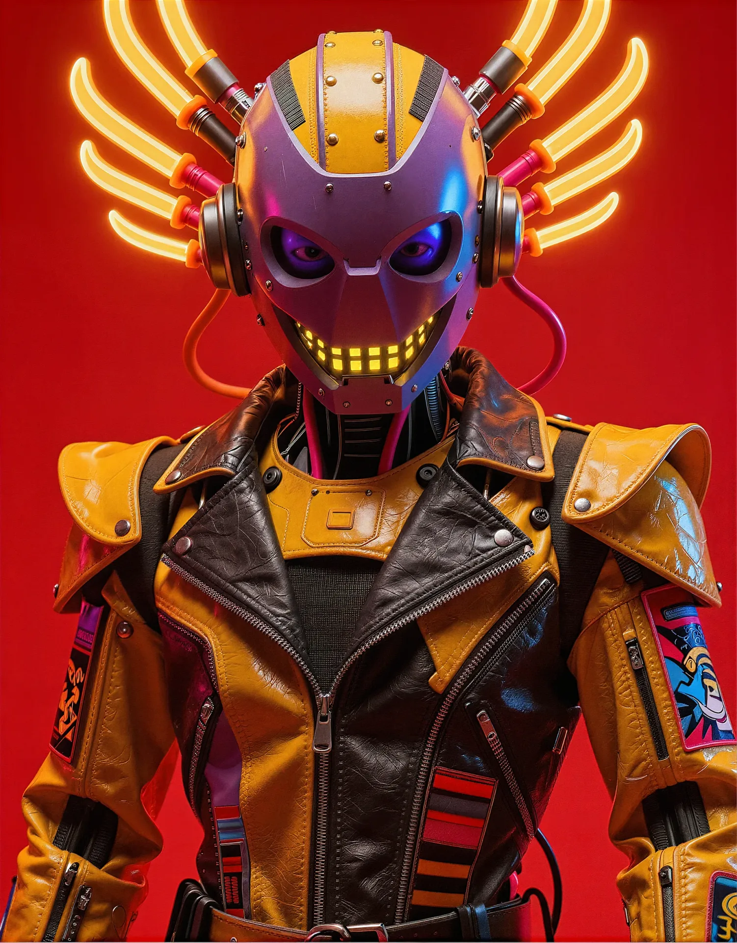 persona character design cyborg leather jacket cyberpunk neon red background — SILICAVISION
