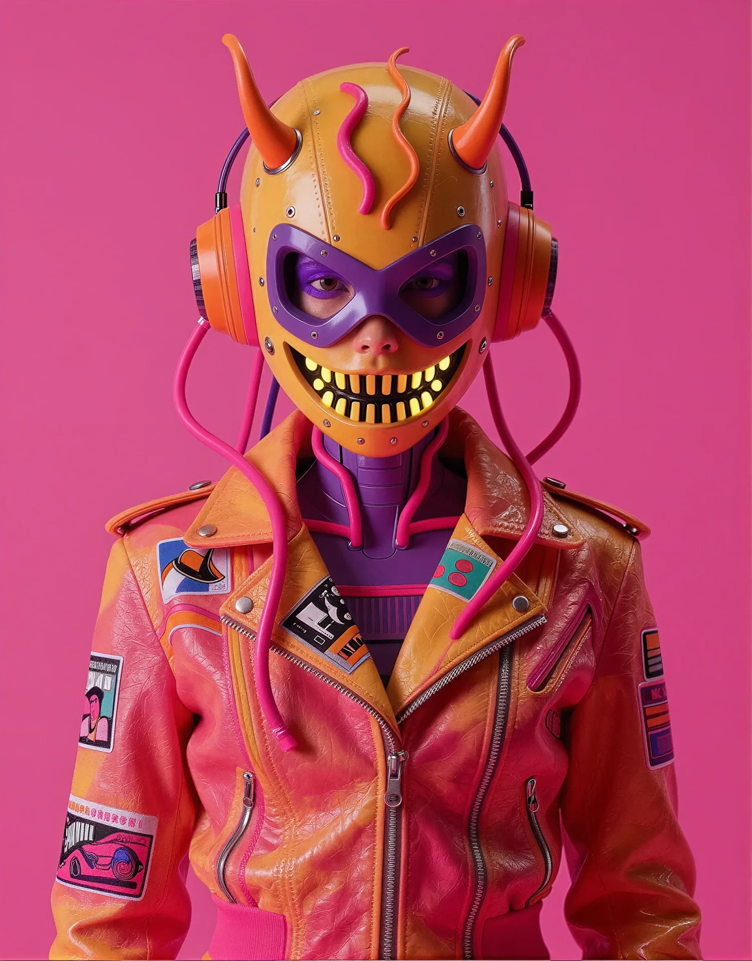 persona character design mask leather jacket cyberpunk vibrant orange pink — SILICAVISION