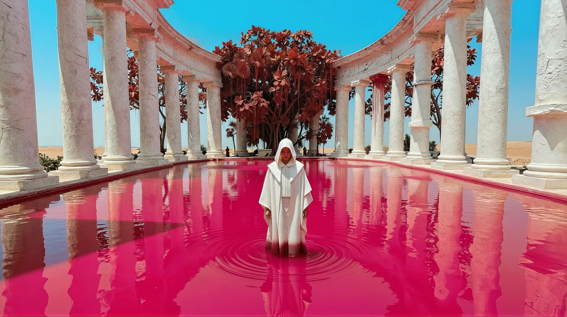 vagrant souls desert columns pink pool hooded figure white robe — SILICAVISION
