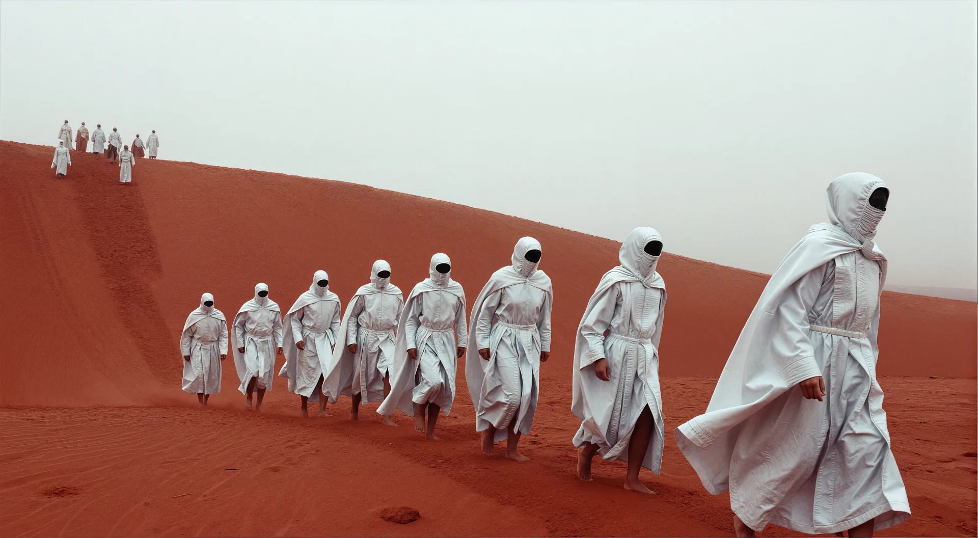 vagrant souls desert white robes hooded figures group red sand misty — SILICAVISION