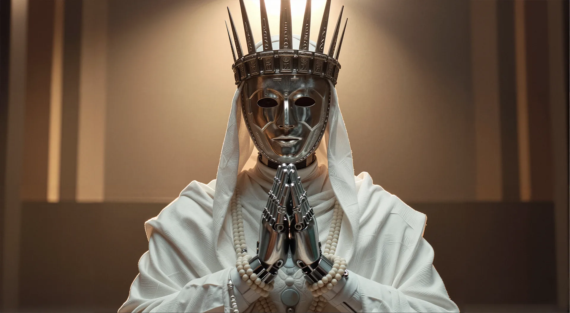 vagrant souls metal mask crown white robe hands pearls futuristic — SILICAVISION