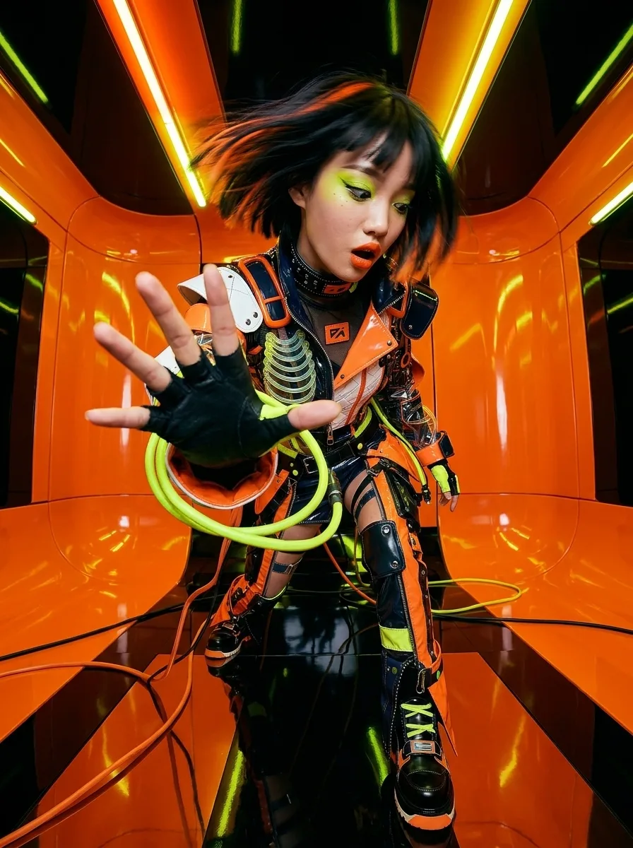 nerve signal cyberpunk futuristic neon cyber orange black gloves — SILICAVISION