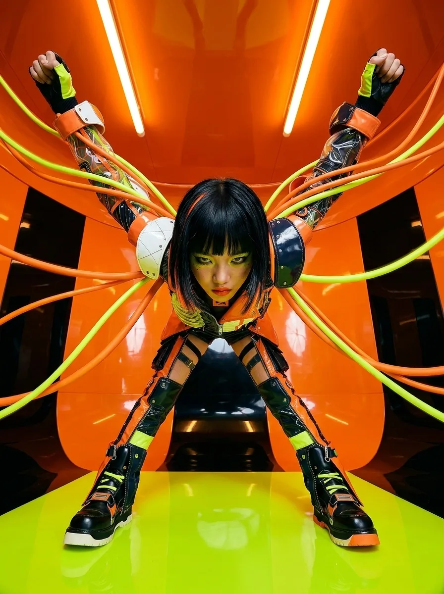 nerve signal cyberpunk futuristic neon orange black green boots — SILICAVISION