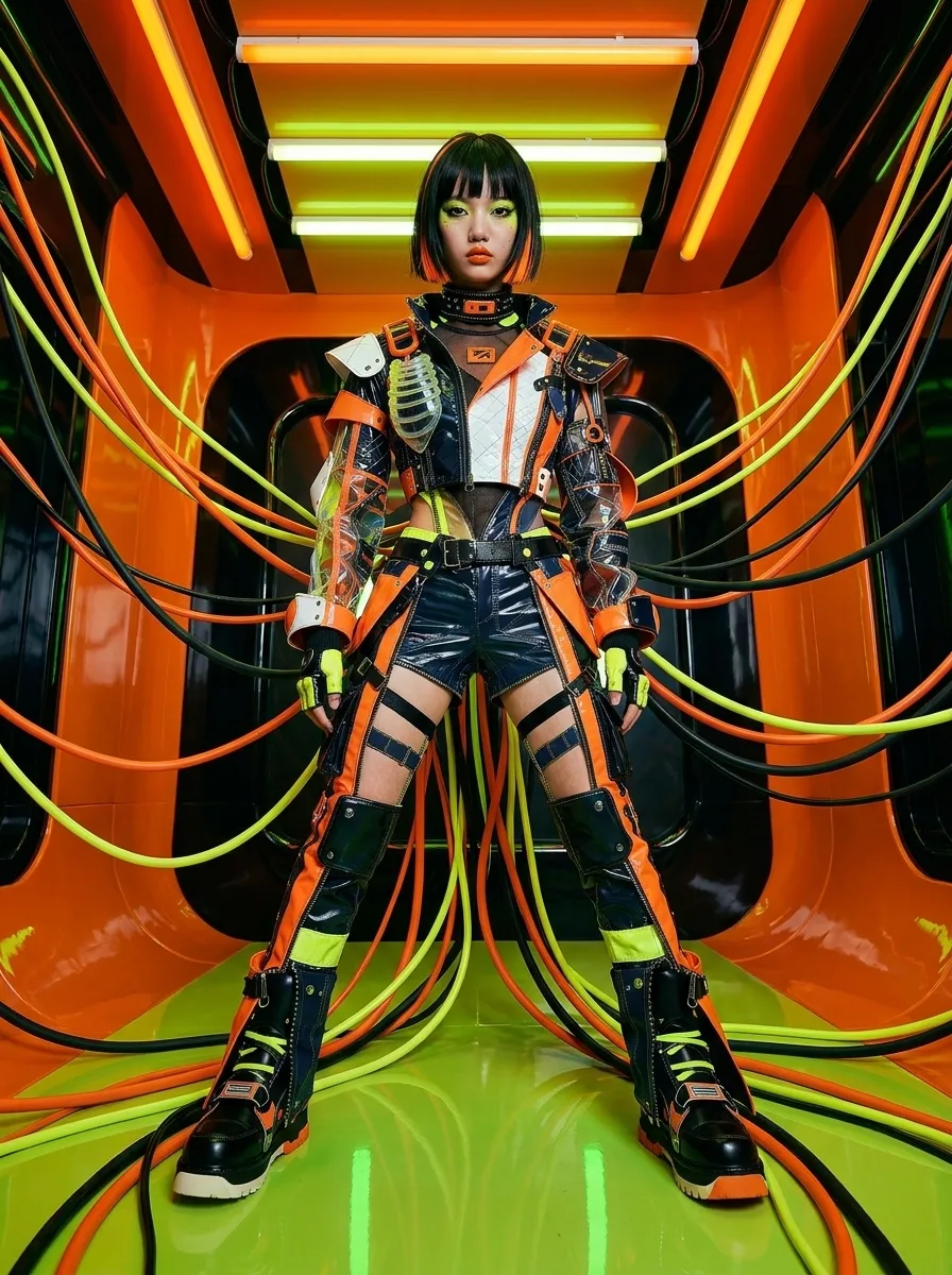 nerve signal cyborg cyberpunk futuristic neon orange black leather — SILICAVISION
