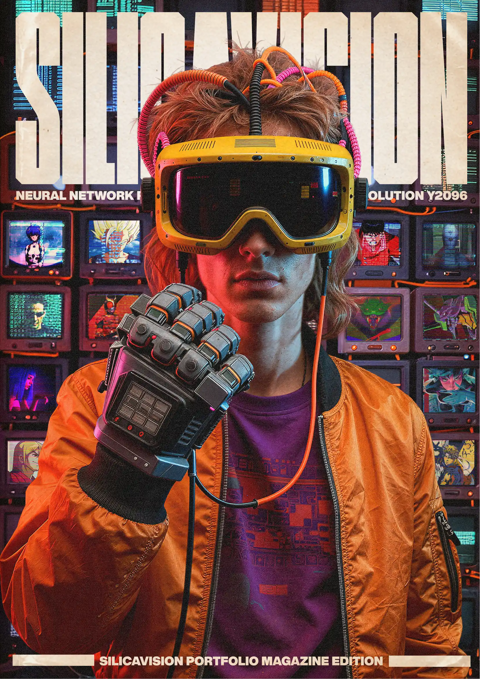 silicavision magazine metroplex 01 cyberpunk goggles gloves orange retro futuristic neon