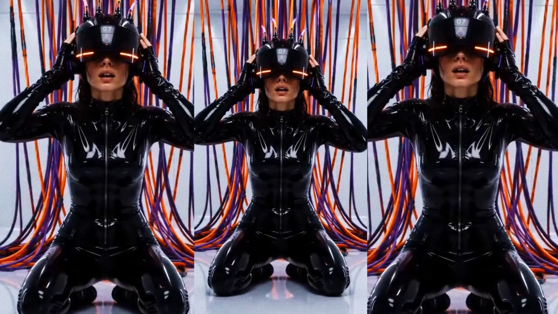 snts infamous reality copy latex suit futuristic helmet cybernetic orange cables — SILICAVISION
