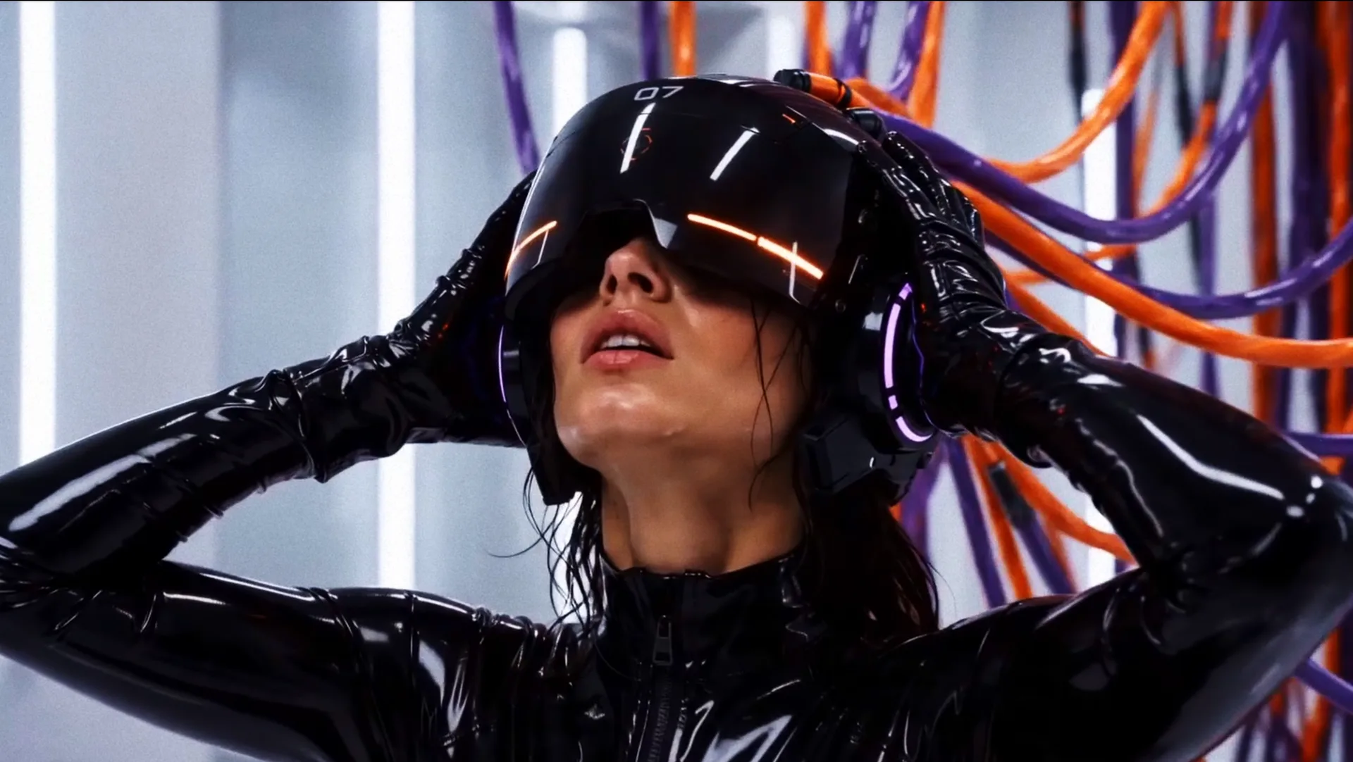 snts infamous reality copy latex suit futuristic helmet wet hair neon lights — SILICAVISION