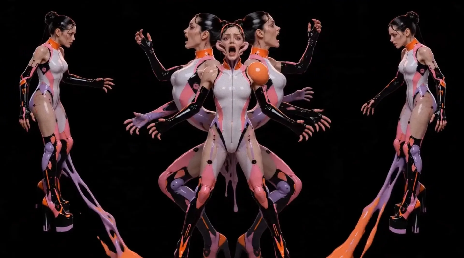 snts infamous reality cyborg futuristic female motion orange black white — SILICAVISION
